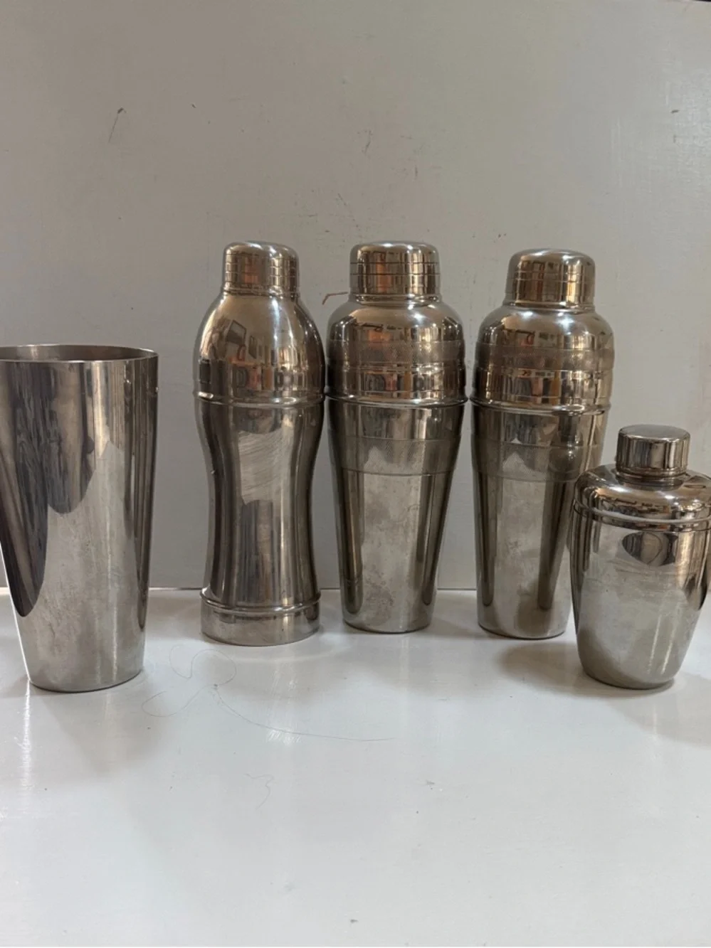5 Total 1990’s Vintage Stainless Steel Cocktail Shaker Set Silver Bar Essentials